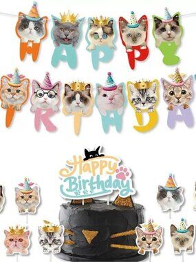 Cat Birthday Letter Banner & Cupcake Toppers Set – Pet Party Decorations